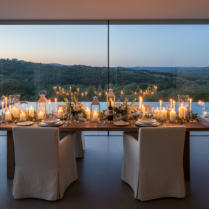 Candlelit proposal dinner in a contemporary glass villa in the Tuscan hills – private villa proposal Tuscany – Kiss Me Italy