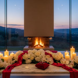 Anniversary vow renewal by the fireplace of a contemporary Tuscan villa – private villa vow renewal Tuscany – Kiss Me Italy