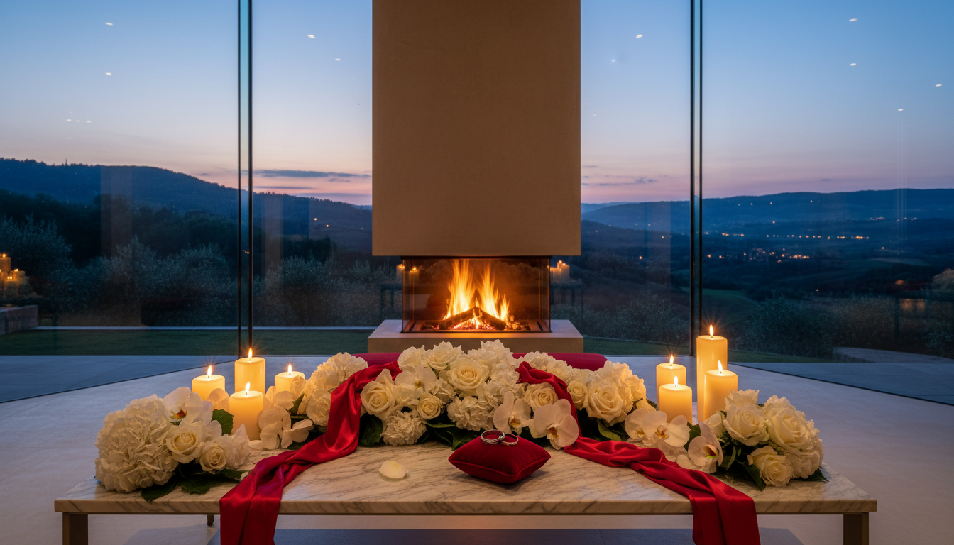 Anniversary vow renewal by the fireplace of a contemporary Tuscan villa – private villa vow renewal Tuscany – Kiss Me Italy