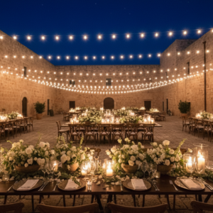 Wedding dinner in the monumental courtyard of Dimora delle Balze in the Val di Noto – Dimora delle Balze wedding – Kiss Me Italy