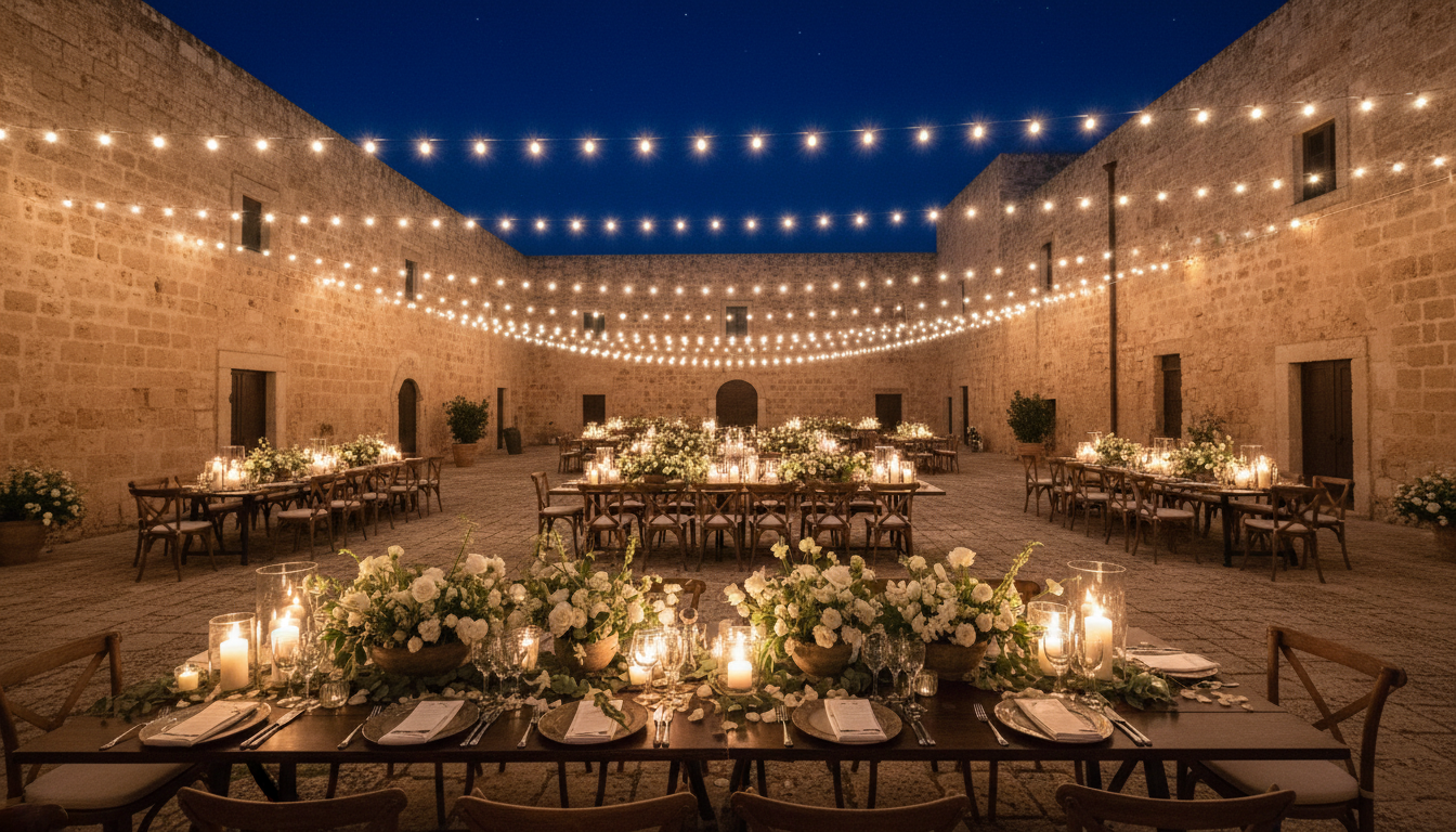 Wedding dinner in the monumental courtyard of Dimora delle Balze in the Val di Noto – Dimora delle Balze wedding – Kiss Me Italy