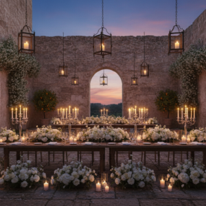 Candlelit wedding dinner in the courtyard of a fortified Sicilian estate – garden wedding near Siracusa – Kiss Me Italy