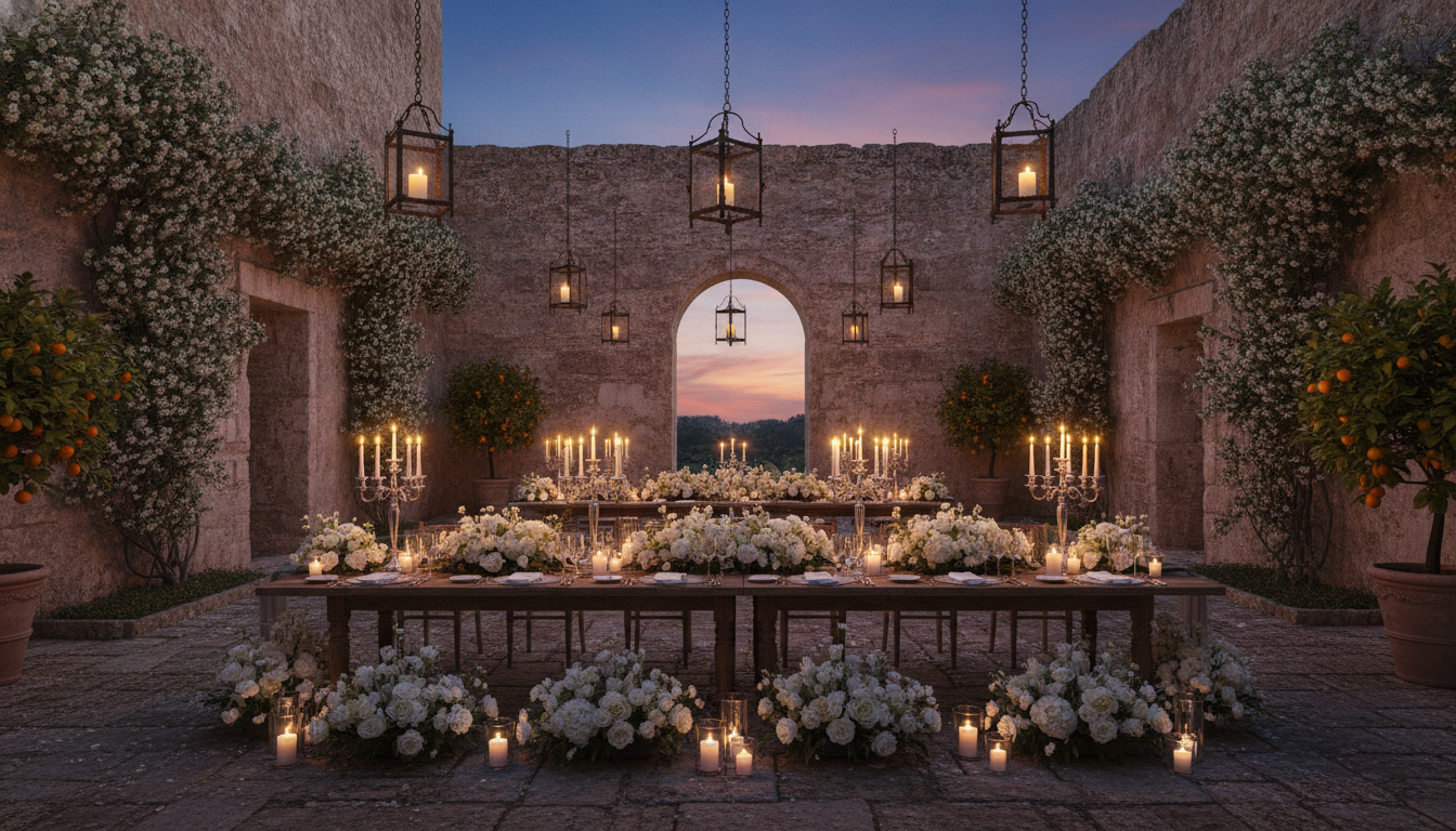 Candlelit wedding dinner in the courtyard of a fortified Sicilian estate – garden wedding near Siracusa – Kiss Me Italy