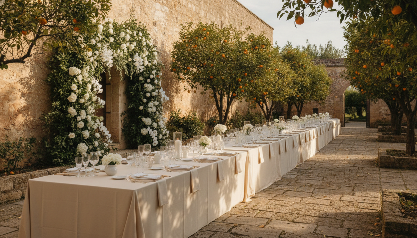 Wedding reception among citrus trees in the gardens of the Donna Coraly estate near Siracusa – Donna Coraly wedding – Kiss Me Italy