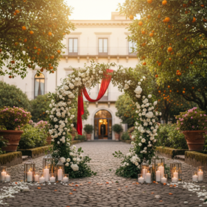 Elopement ceremony with red ribbon in the orange garden of the Excelsior Vittoria – excelsior vittoria elopement – Kiss Me Italy