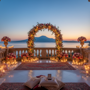 Proposal setup with flowers and candles on a terrace of the Excelsior Vittoria over the Gulf of Naples – excelsior vittoria proposal – Kiss Me Italy