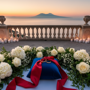 Vow renewal setup with rings and red ribbon on a terrace of the Excelsior Vittoria – excelsior vittoria vow renewal – Kiss Me Italy