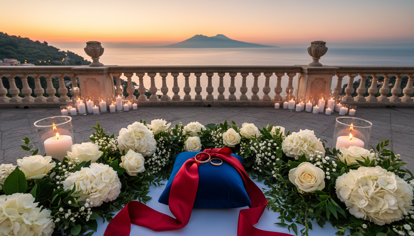 Vow renewal setup with rings and red ribbon on a terrace of the Excelsior Vittoria – excelsior vittoria vow renewal – Kiss Me Italy