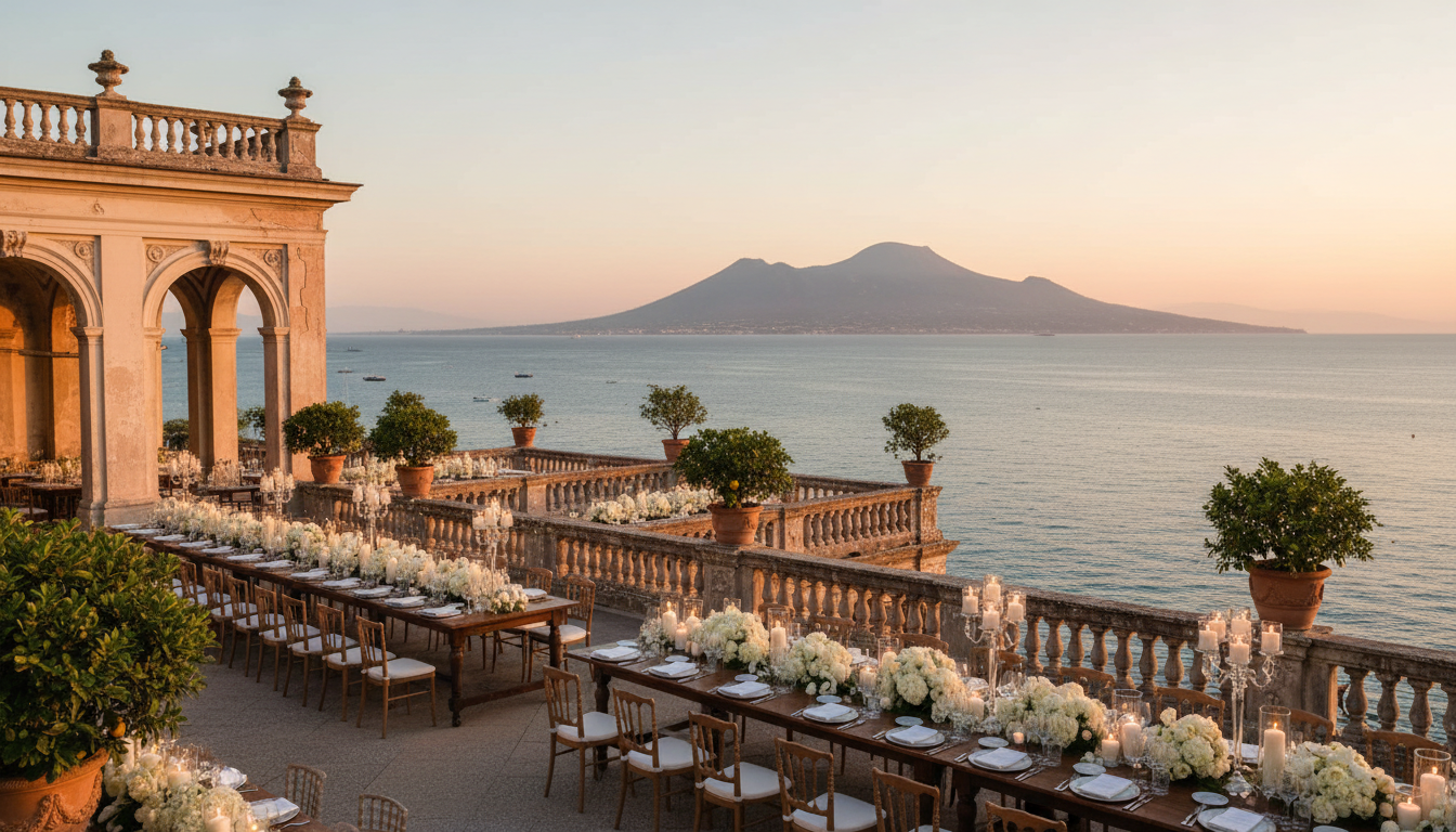 Wedding setup on the panoramic terrace of the Grand Hotel Excelsior Vittoria over the Gulf – excelsior vittoria wedding – Kiss Me Italy