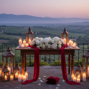 Anniversary vow renewal on a panoramic suite terrace over the Tuscan hills – romantic vow renewal Tuscany – Kiss Me Italy