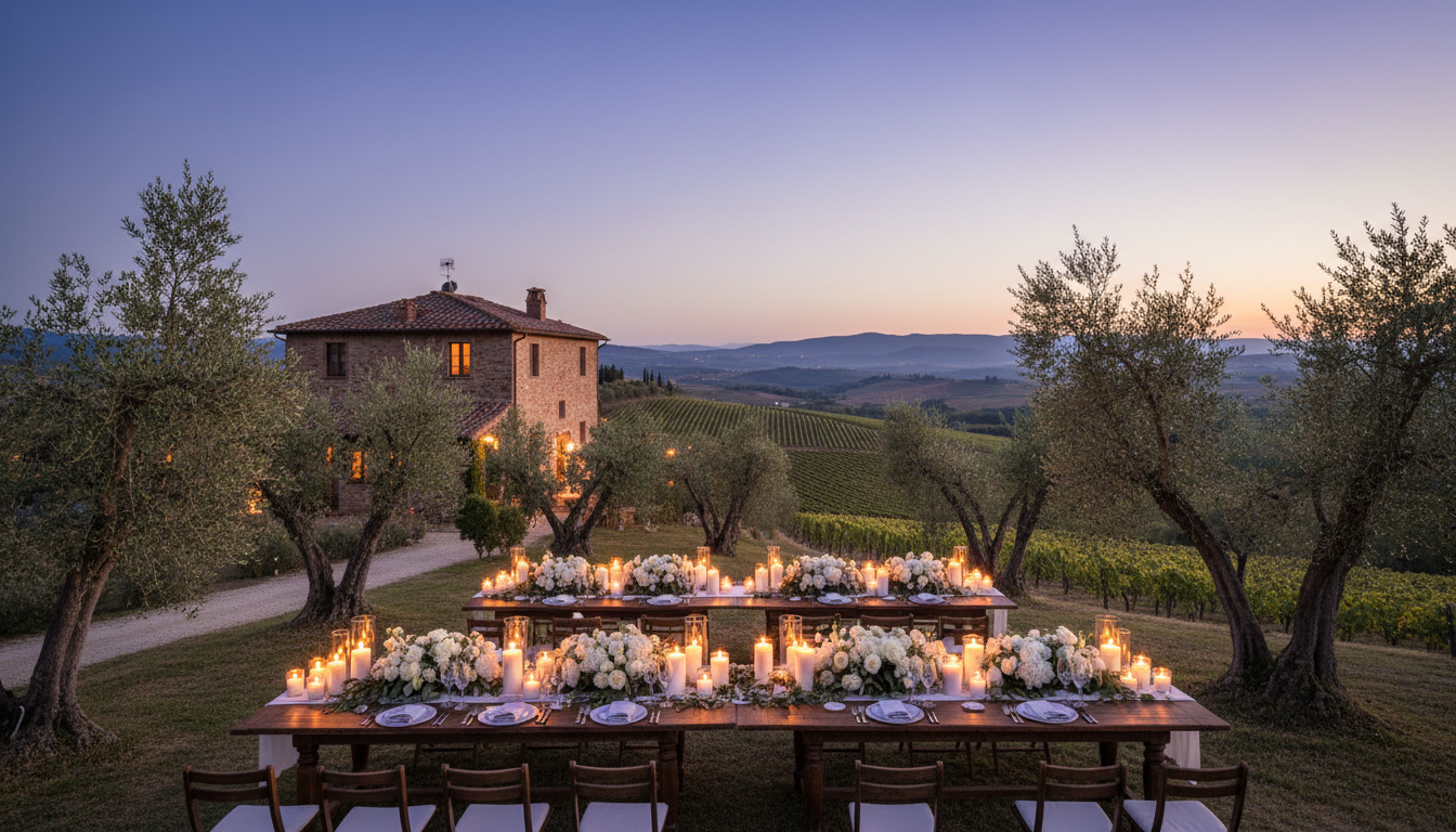 Wedding dinner among the olive groves of Fattorie di Celli in the Florentine hills – Fattorie di Celli wedding – Kiss Me Italy
