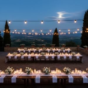 Evening wedding party on the terrace of a Tuscan farm estate near Florence – wedding in the Florentine hills – Kiss Me Italy