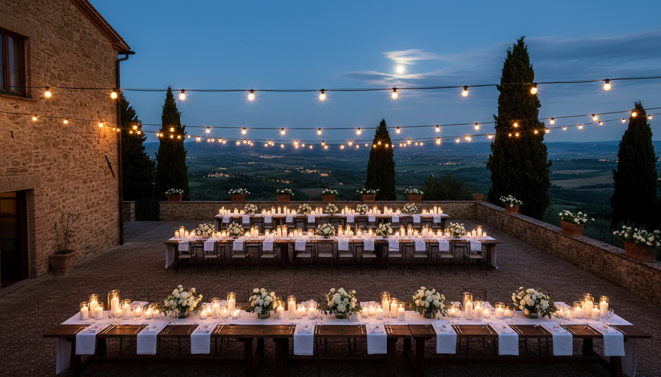 Evening wedding party on the terrace of a Tuscan farm estate near Florence – wedding in the Florentine hills – Kiss Me Italy