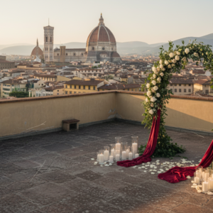 Elopement ceremony with red ribbon on a private rooftop over the Florence skyline – florence rooftop elopement – Kiss Me Italy