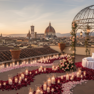 Proposal setup with flowers and candles on a private rooftop over the Florence skyline – florence rooftop proposal – Kiss Me Italy