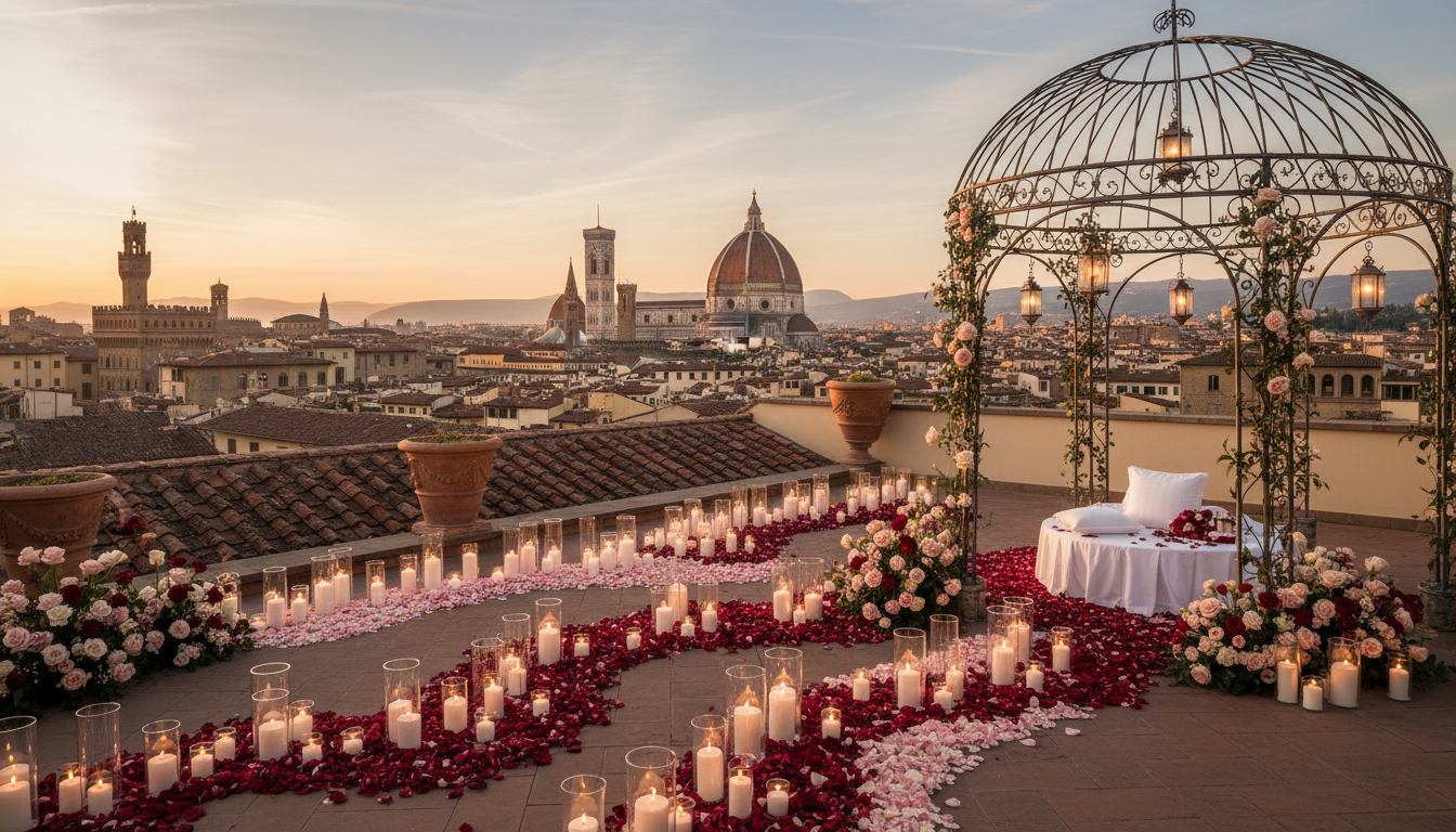 Proposal setup with flowers and candles on a private rooftop over the Florence skyline – florence rooftop proposal – Kiss Me Italy