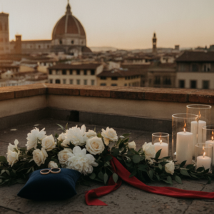 Vow renewal setup with rings and red ribbon on a rooftop over Florence – florence rooftop vow renewal – Kiss Me Italy
