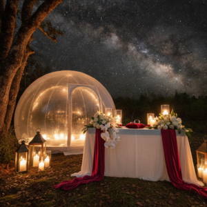 Anniversary vow renewal beside glowing bubbles in the Tuscan forest – bubble vow renewal – Kiss Me Italy