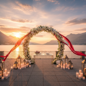 Elopement ceremony with red ribbon on a panoramic terrace over Lake Como – intimate elopement Lake Como – Kiss Me Italy