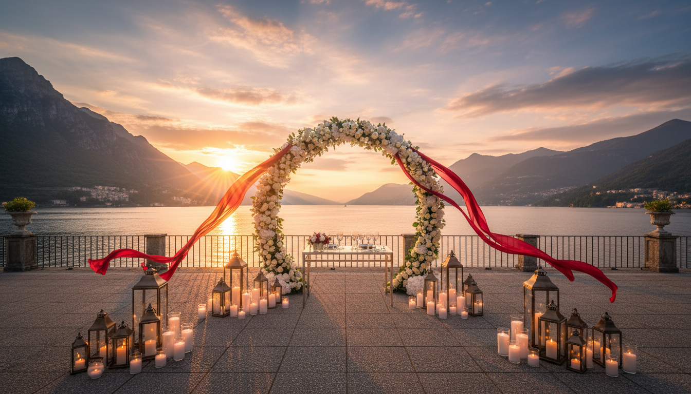 Elopement ceremony with red ribbon on a panoramic terrace over Lake Como – intimate elopement Lake Como – Kiss Me Italy