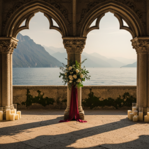 Elopement ceremony with red ribbon in the loggia of Isola del Garda over the lake – isola del garda elopement – Kiss Me Italy
