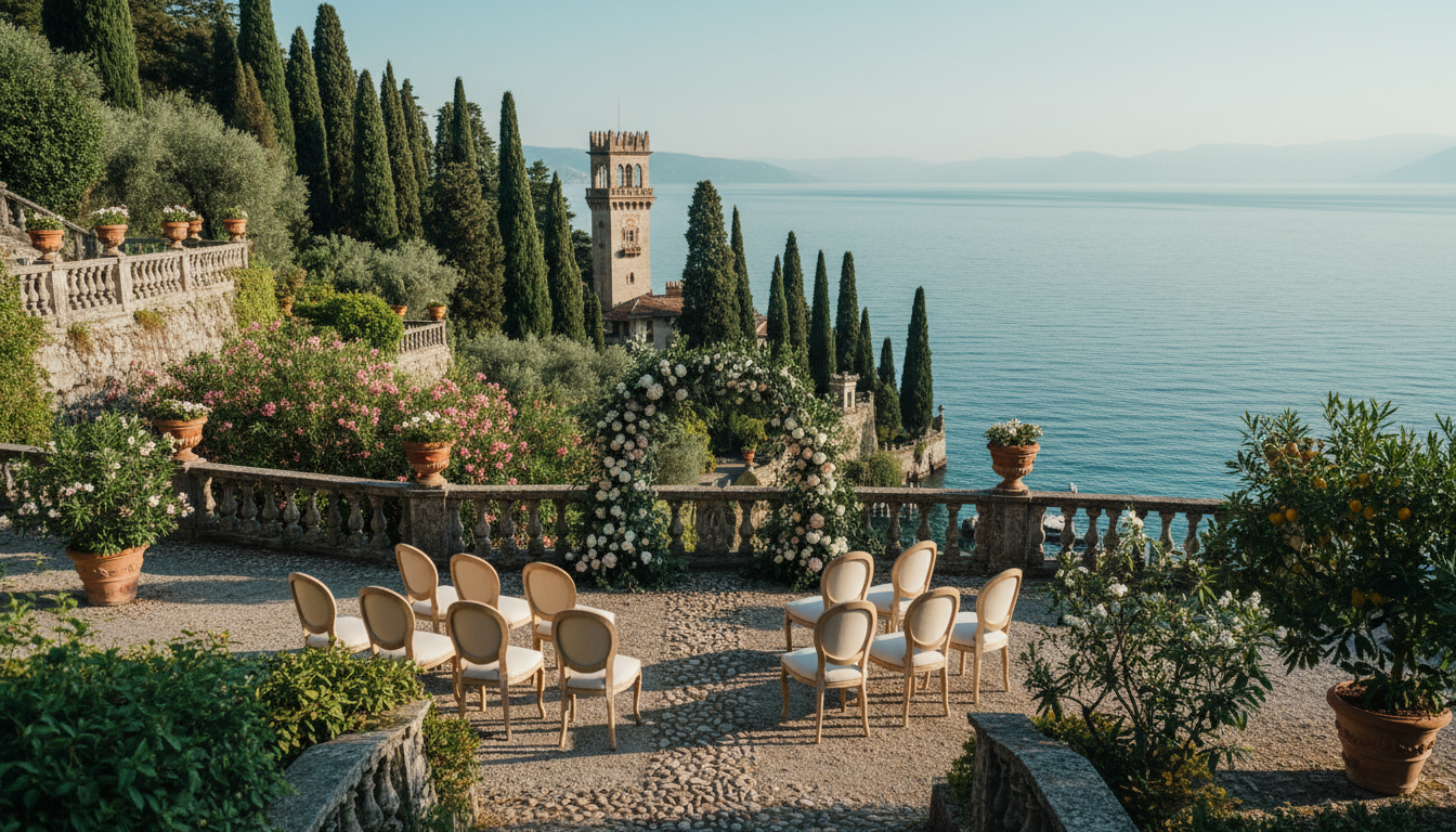 Intimate micro wedding ceremony in the gardens of Isola del Garda for twenty guests – isola del garda micro wedding – Kiss Me Italy
