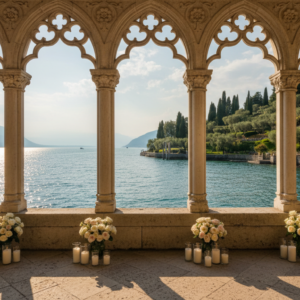 Proposal setup with flowers and candles in the Venetian-Gothic loggia of Isola del Garda – isola del garda proposal – Kiss Me Italy