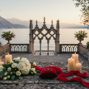 Vow renewal setup with rings and red ribbon in the gardens of Isola del Garda – isola del garda vow renewal – Kiss Me Italy
