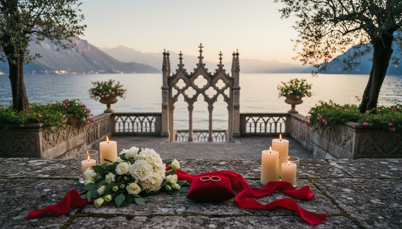 Vow renewal setup with rings and red ribbon in the gardens of Isola del Garda – isola del garda vow renewal – Kiss Me Italy