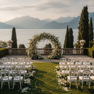 Wedding ceremony in the terraced gardens of Isola del Garda with the lake behind – lake garda island wedding – Kiss Me Italy