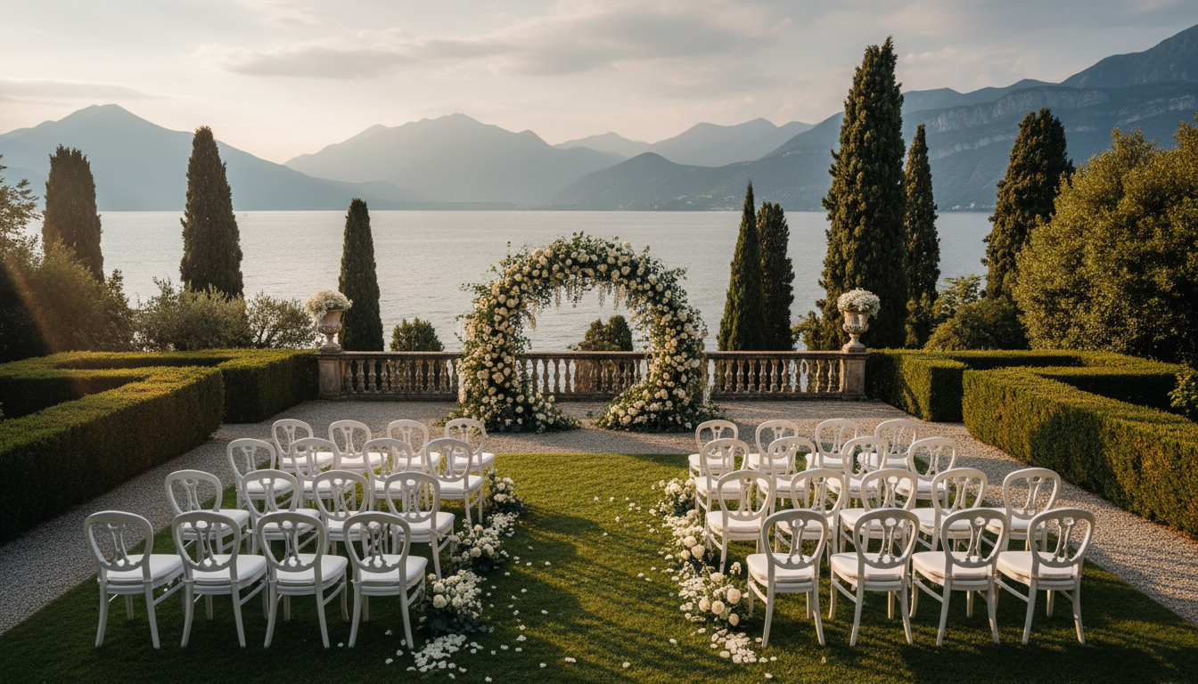 Wedding ceremony in the terraced gardens of Isola del Garda with the lake behind – lake garda island wedding – Kiss Me Italy