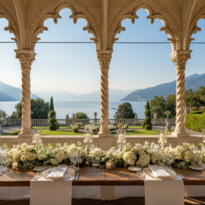 Wedding setup in the Venetian-Gothic loggia of the villa on Isola del Garda – isola del garda wedding – Kiss Me Italy