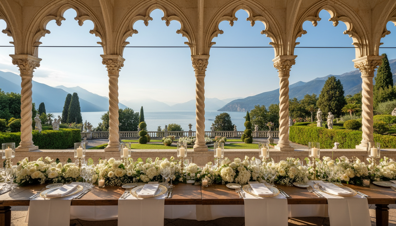 Wedding setup in the Venetian-Gothic loggia of the villa on Isola del Garda – isola del garda wedding – Kiss Me Italy