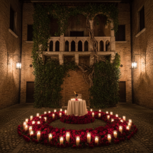 Candlelit proposal setup in the courtyard of Juliet's Balcony in Verona at night – Juliet balcony proposal – Kiss Me Italy