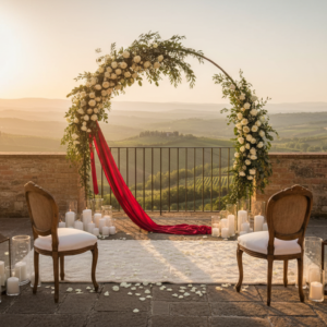 Elopement ceremony with red ribbon on a panoramic suite terrace in Tuscany – just married in Tuscany – Kiss Me Italy