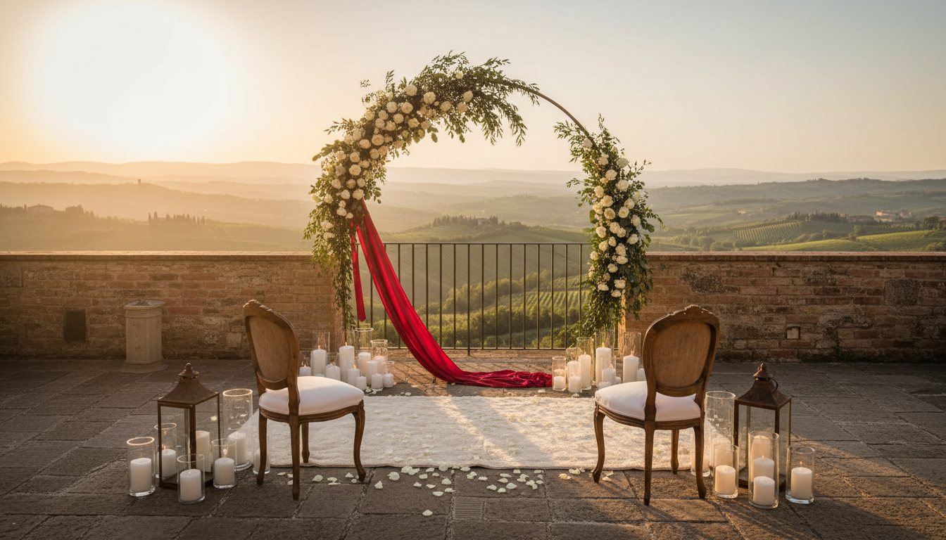 Elopement ceremony with red ribbon on a panoramic suite terrace in Tuscany – just married in Tuscany – Kiss Me Italy