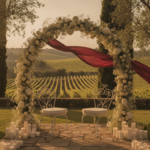 Elopement ceremony with red ribbon under mature trees at a Sicilian wine estate – elopement in Sicily – Kiss Me Italy