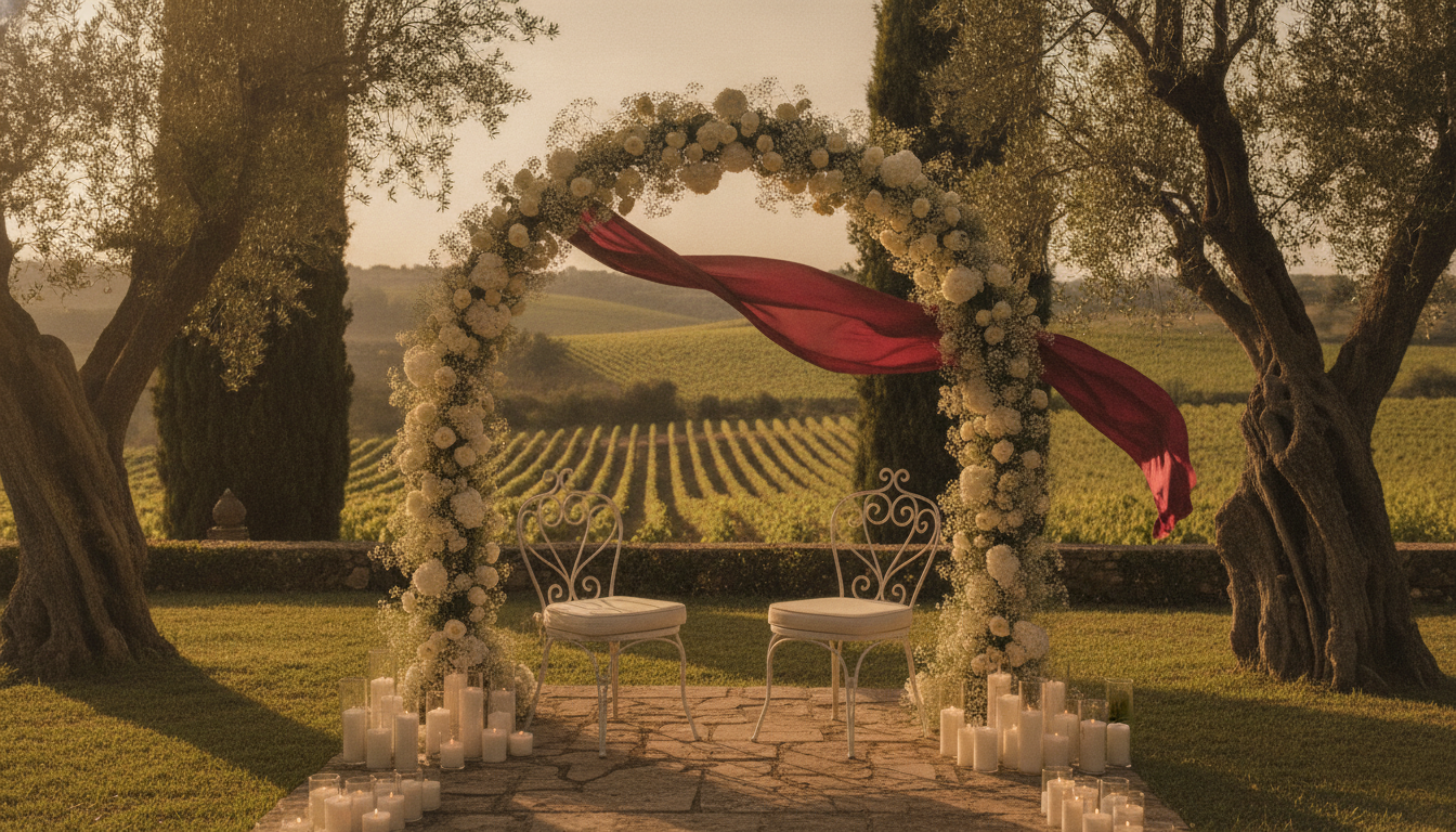 Elopement ceremony with red ribbon under mature trees at a Sicilian wine estate – elopement in Sicily – Kiss Me Italy