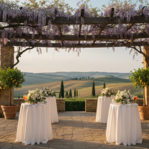 Wedding aperitivo under the wisteria pergola of a Val d'Orcia estate – love among the cypresses – Kiss Me Italy