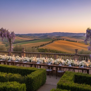 Wedding dinner in the formal gardens of La Foce above the Val d'Orcia cypress road – La Foce wedding – Kiss Me Italy
