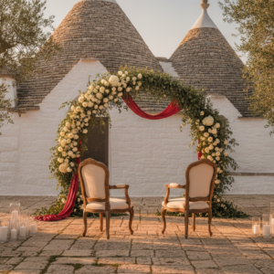 Elopement ceremony with red ribbon among the trulli of Puglia at golden hour – trulli elopement – Kiss Me Italy