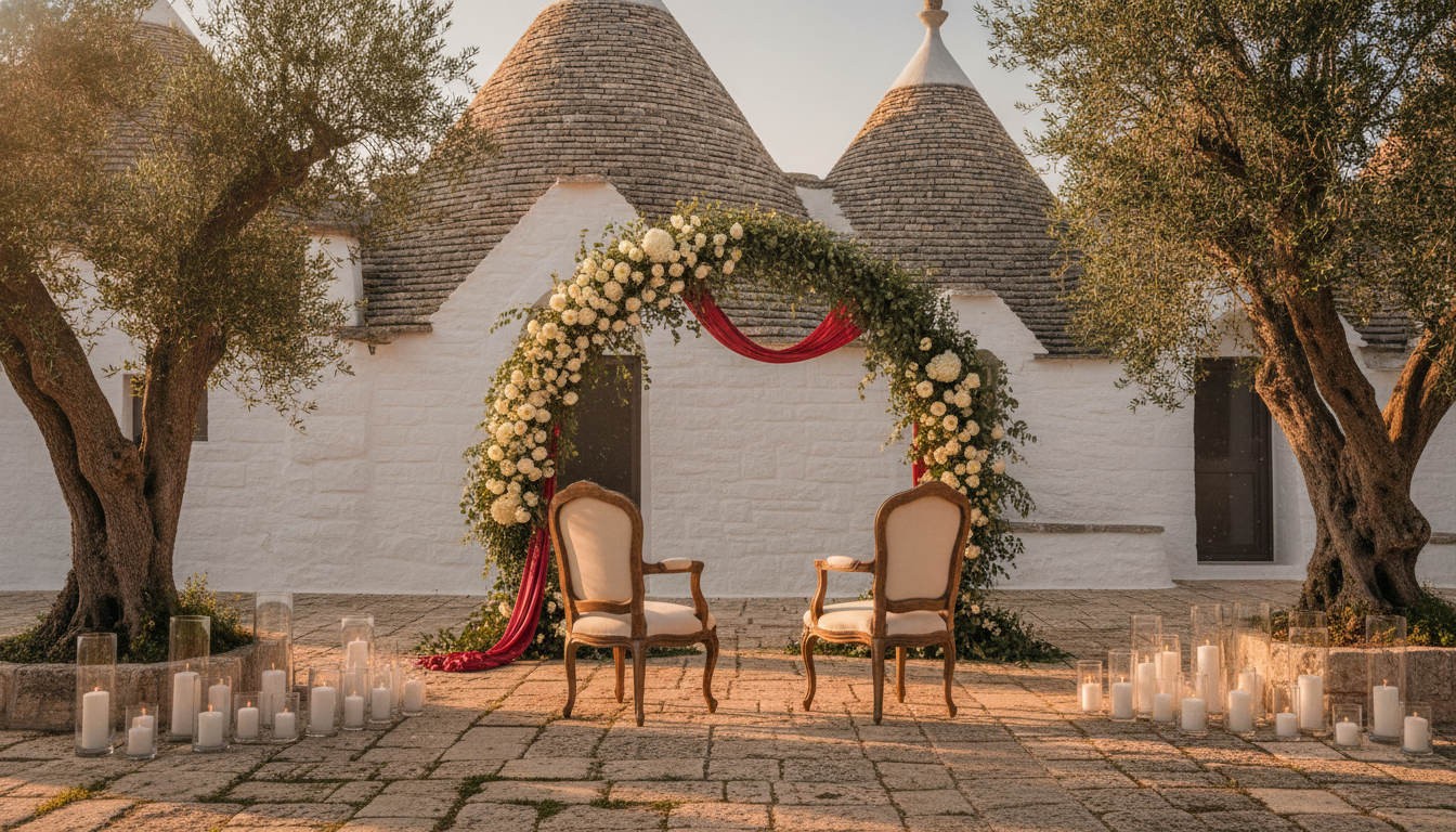 Elopement ceremony with red ribbon among the trulli of Puglia at golden hour – trulli elopement – Kiss Me Italy