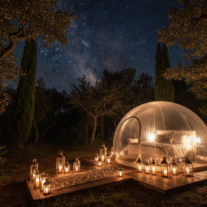 Transparent bubble suite glowing in the Tuscan woods at night for a proposal – bubble proposal – Kiss Me Italy