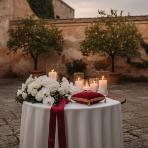 Anniversary vow renewal with rings and candles in a Sicilian orangerie garden – vow renewal in Sicily – Kiss Me Italy
