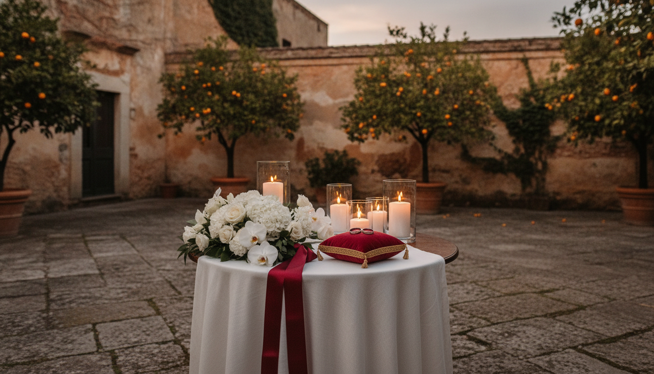 Anniversary vow renewal with rings and candles in a Sicilian orangerie garden – vow renewal in Sicily – Kiss Me Italy