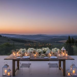 Candlelit proposal dinner on the panoramic terrace of an elevated suite in Tuscany – suite proposal Tuscany – Kiss Me Italy