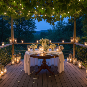 Candlelit proposal dinner on the terrace of a luxury tree house in the Tuscan woods – tree house proposal Tuscany – Kiss Me Italy