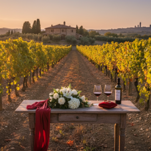 Anniversary vow renewal among the Chianti vineyards with rings and flowers – vineyard vow renewal Tuscany – Kiss Me Italy