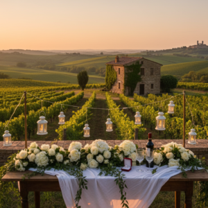 Proposal setup at a little house among the Chianti vineyards with Siena on the horizon – vineyard proposal Tuscany – Kiss Me Italy