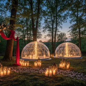 Elopement ceremony with red ribbon beside transparent bubbles in the Tuscan woods – bubble elopement – Kiss Me Italy